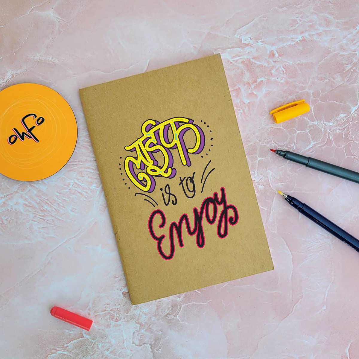Life Is To Enjoy - Brown A5 Doodle Notebook - Kraft Cover Notebook - A5 - 300 GSM Kraft Cover - Handmade - Unruled - 80 Pages - Natural Shade Pages 120 GSM - Funny Quotes & Quirky, Funky designs