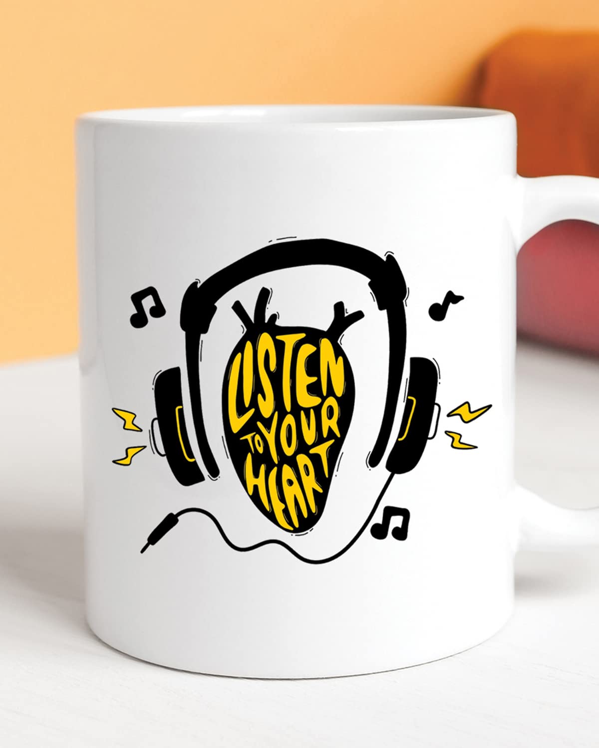 LISTEN TO YOUR HEART Coffee Mug - Music Inspired Printed Mug, Gift for Friend, Birthday Gift, Birthday Mug, Motivational Mug, Printed with Funny & Funky Quotes, Valentines Day Mugs for Him & Her