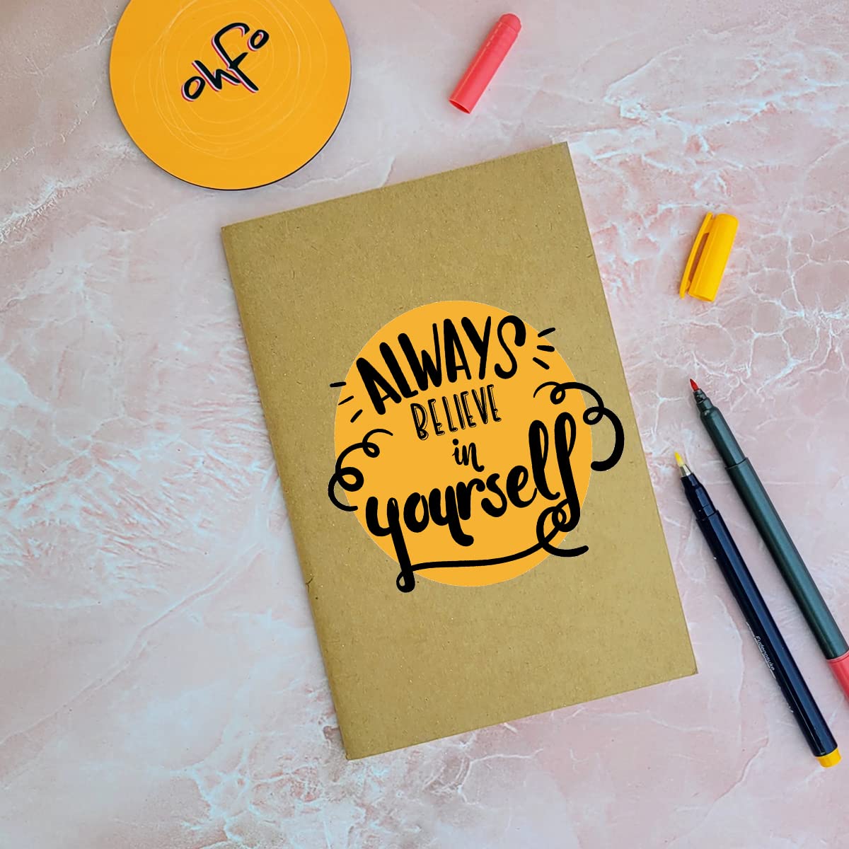 Believe In Yourself - Brown A5 Doodle Notebook - Kraft Cover Notebook - A5 - 300 GSM Kraft Cover - Handmade - Unruled - 80 Pages - Natural Shade Pages 120 GSM - Funny Quotes & Quirky, Funky designs