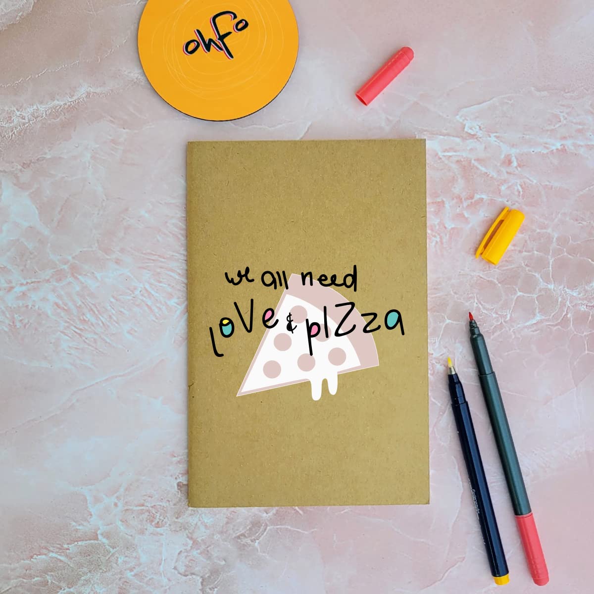 Love & Pizza - Brown A5 Doodle Notebook - Kraft Cover Notebook - A5 - 300 GSM Kraft Cover - Handmade - Unruled - 80 Pages - Natural Shade Pages 120 GSM- Funny Quotes & Quirky, Funky designs