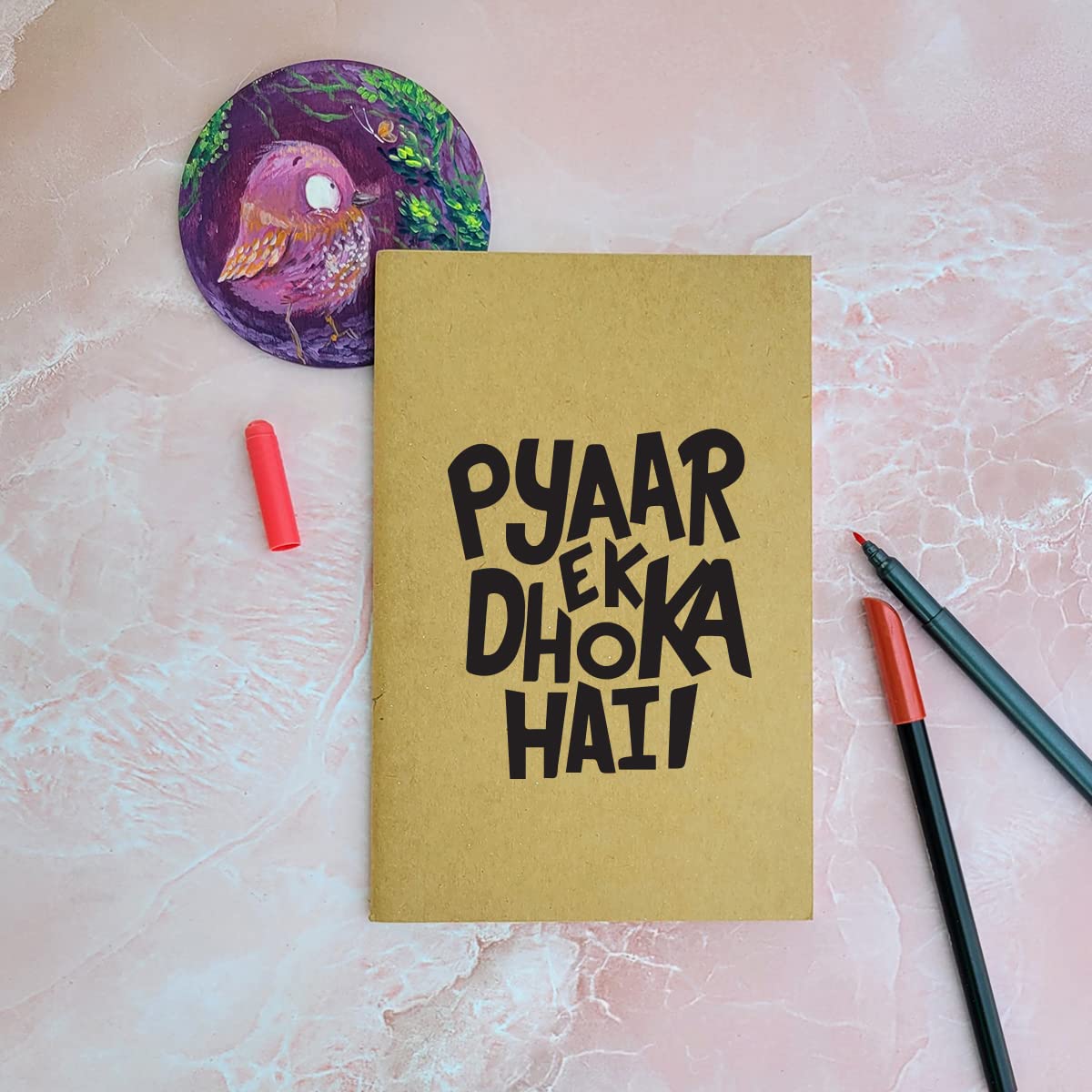 Pyar Ek Dhokha Hai - Brown A5 Doodle Notebook - Kraft Cover Notebook - A5 - 300 GSM Kraft Cover - Handmade - Unruled - 80 Pages - Natural Shade Pages 120 GSM - Funny Quotes & Quirky, Funky designs