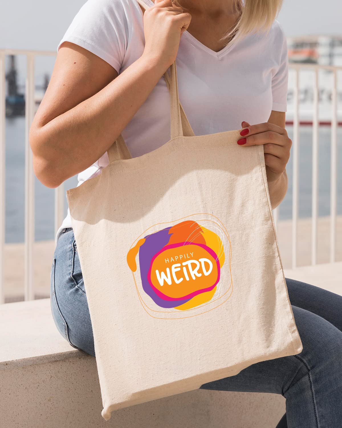 The Pink Magnet Happily Weird Tote Bag - Canvas Tote Bag for Women | Printed Multipurpose Cotton Bags | Cute Hand Bag for Girls | Best for College, Travel, Grocery | Reusable Shopping Bag | Eco-Friendly Tote Bag