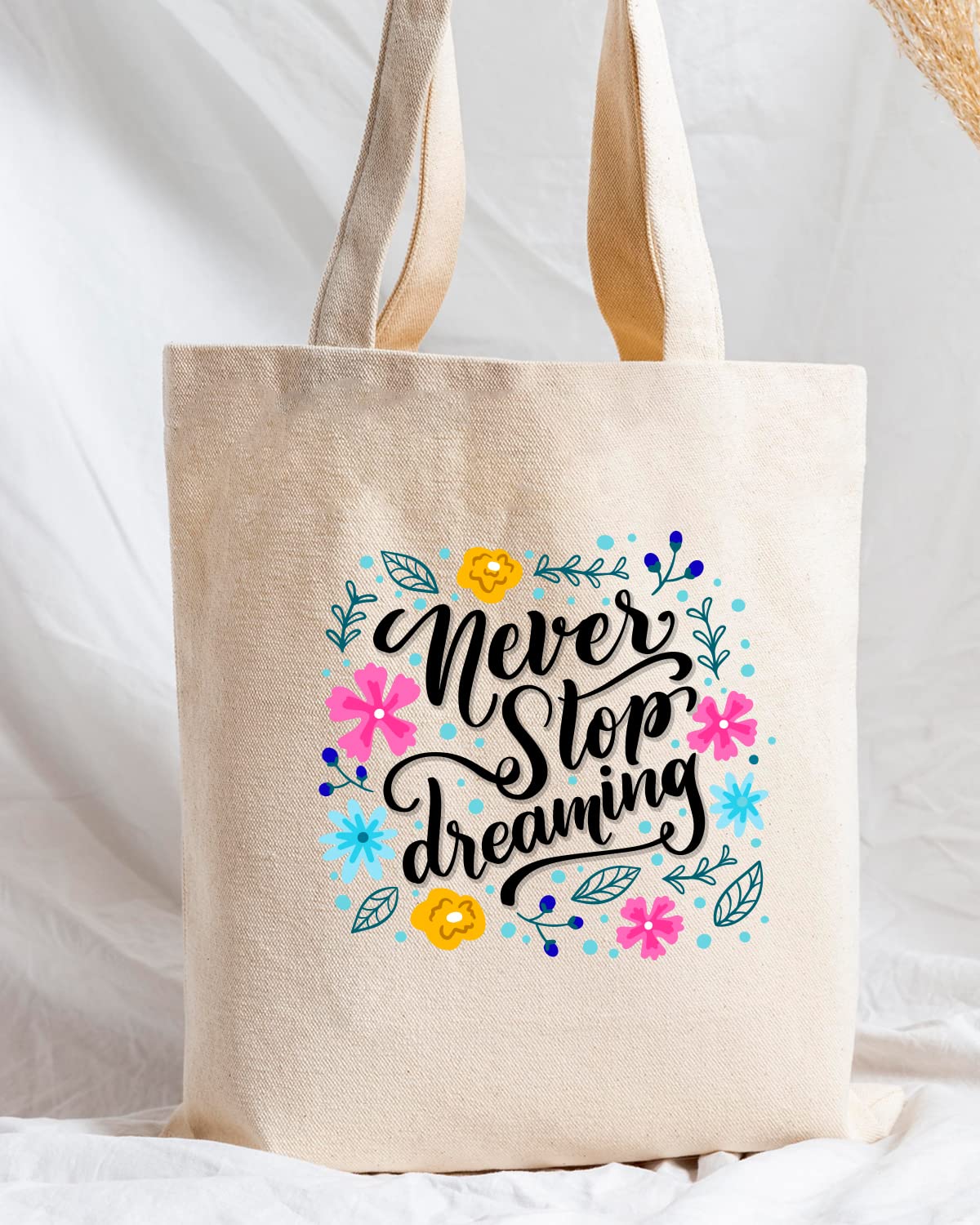 The Pink Magnet Never Stop Dreaming Tote Bag - Canvas Tote Bag for Women | Printed Multipurpose Cotton Bags | Cute Hand Bag for Girls | Best for College, Travel, Grocery | Reusable Shopping Bag | Eco-Friendly Tote Bag
