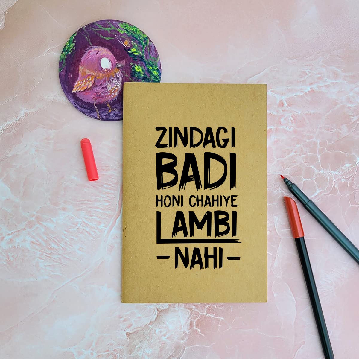 Zindagi Badi Honi Chahiye - Brown A5 Doodle Notebook - Kraft Cover Notebook Handmade - Natural Shade Pages 120 GSM - Funny Quotes & Quirky, Funky designs