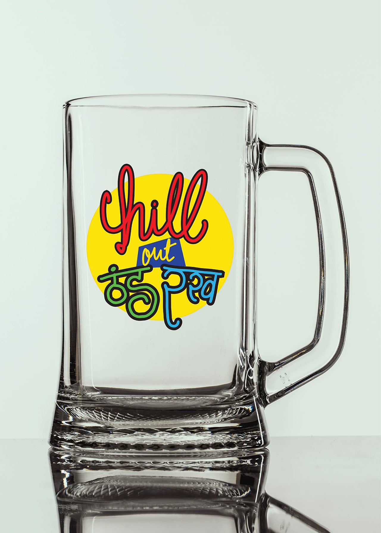 Chill Out - Beer Mug - 1 Piece, Clear, 500 ml - Transparent Glass Beer Mug -Printed Beer Mug with Handle Gift for Men, Dad, Brother, Wife, Girlfriend