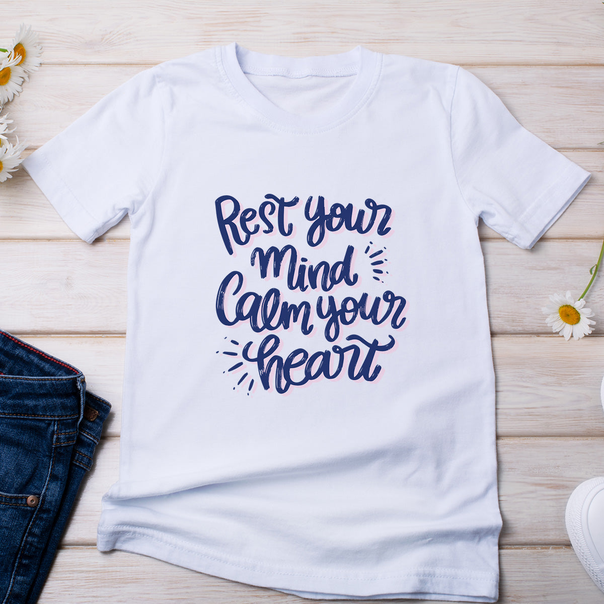 Rest Your Mind Calm Your Heart - Printed Cotton T- Shirt - White