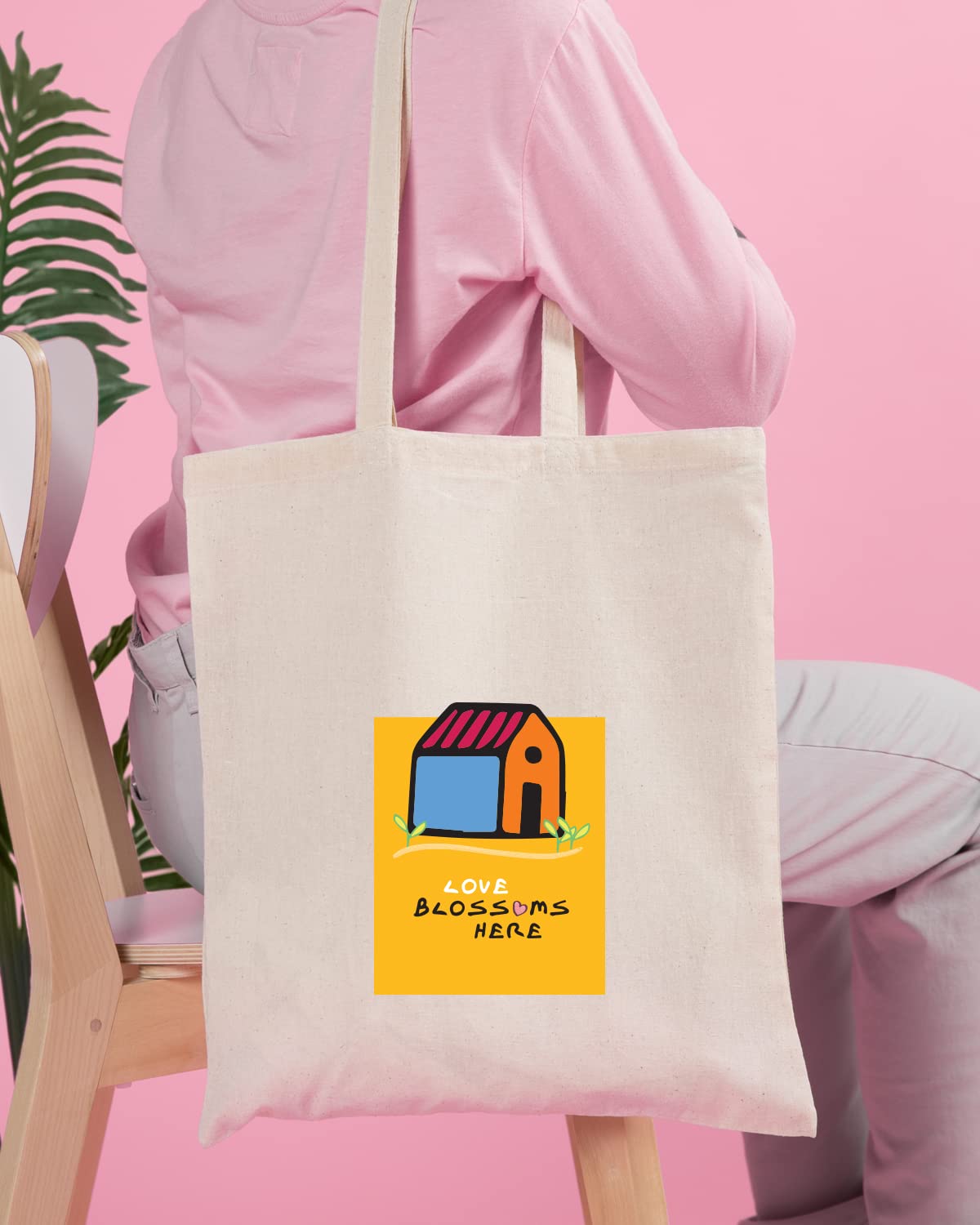The Pink Magnet Love Blossoms Here Tote Bag - Canvas Tote Bag for Women | Printed Multipurpose Cotton Bags | Cute Hand Bag for Girls | Best for College, Travel, Grocery | Reusable Shopping Bag | Eco-Friendly Tote Bag
