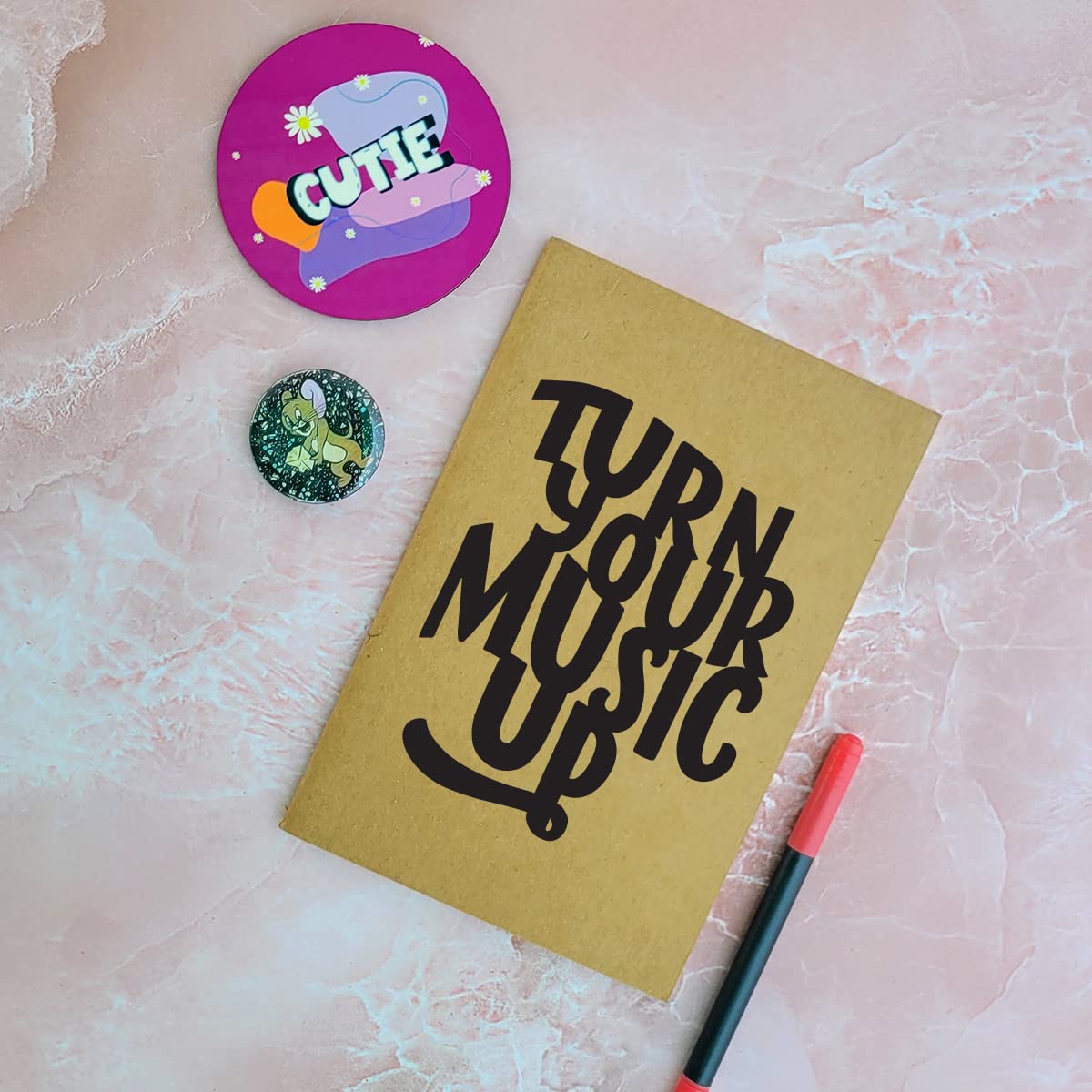 Turn Your Music Up - Brown A5 Doodle Notebook - Kraft Cover Notebook - A5 - 300 GSM Kraft Cover - Handmade - Unruled - 80 Pages - Natural Shade Pages 120 GSM - Funny Quotes & Quirky, Funky designs