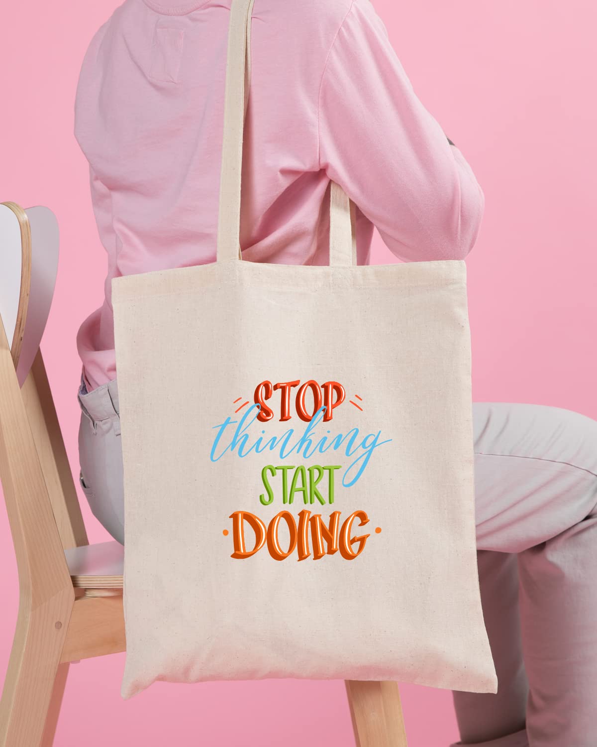 The Pink Magnet Stop Thinking Start Doing Tote Bag - Canvas Tote Bag for Women | Printed Multipurpose Cotton Bags | Cute Hand Bag for Girls | Best for College, Travel, Grocery | Reusable Shopping Bag | Eco-Friendly Tote Bag