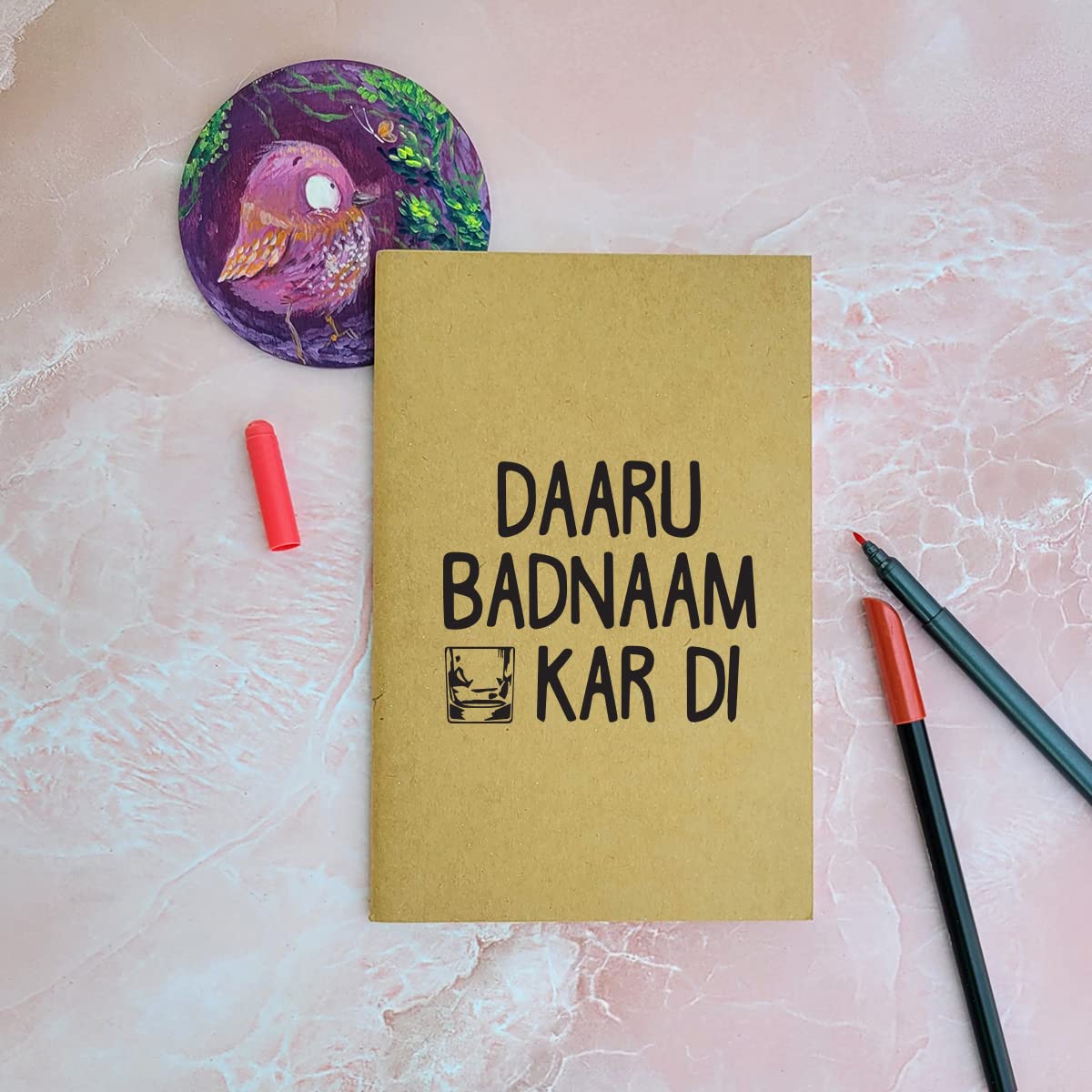 Daaru Badnam Kar Di - Brown A5 Doodle Notebook - Kraft Cover Notebook - A5 - 300 GSM Kraft Cover - Handmade - Unruled - 80 Pages - Natural Shade Pages 120 GSM - Funny Quotes & Quirky, Funky designs