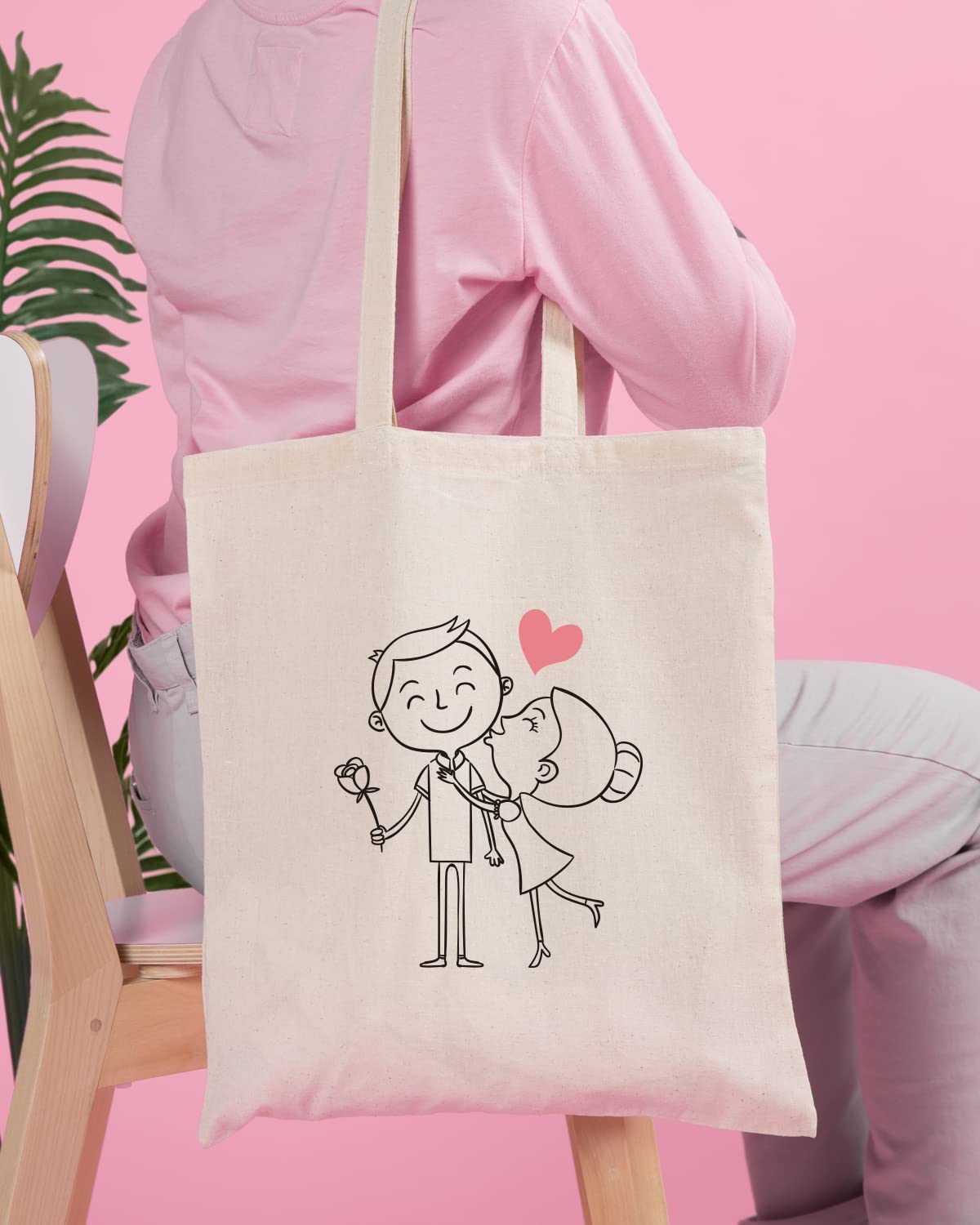 The Pink Magnet Cute Couple Illustration Tote Bag - Canvas Tote Bag for Women | Printed Multipurpose Cotton Bags | Cute Hand Bag for Girls | Best for College, Travel, Grocery | Reusable Shopping Bag | Eco-Friendly Tote Bag
