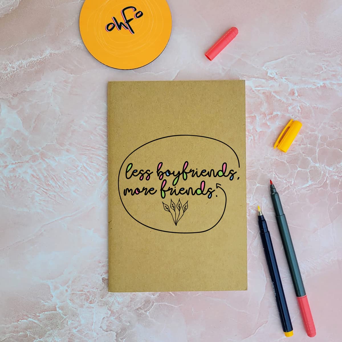 Less Boyfriends More Friends - Brown A5 Doodle Notebook - Handmade - Unruled - 80 Pages - Natural Shade Pages 120 GSM - Funny Quotes & Quirky, Funky designs