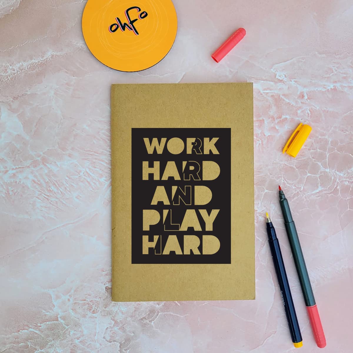 Work Hard Play Hard - Brown A5 Doodle Notebook - Kraft Cover Notebook - A5 - 300 GSM Kraft Cover - Handmade - Unruled - 80 Pages - Natural Shade Pages 120 GSM - Funny Quotes & Quirky, Funky designs