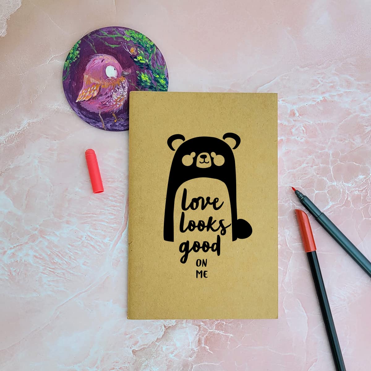 Love Looks Good On Me - Brown A5 Doodle Notebook - Kraft Cover Notebook - A5 - 300 GSM Kraft Cover - Handmade - Unruled - 80 Pages - Natural Shade Pages 120 GSM - Funny Quotes & Quirky, Funky designs