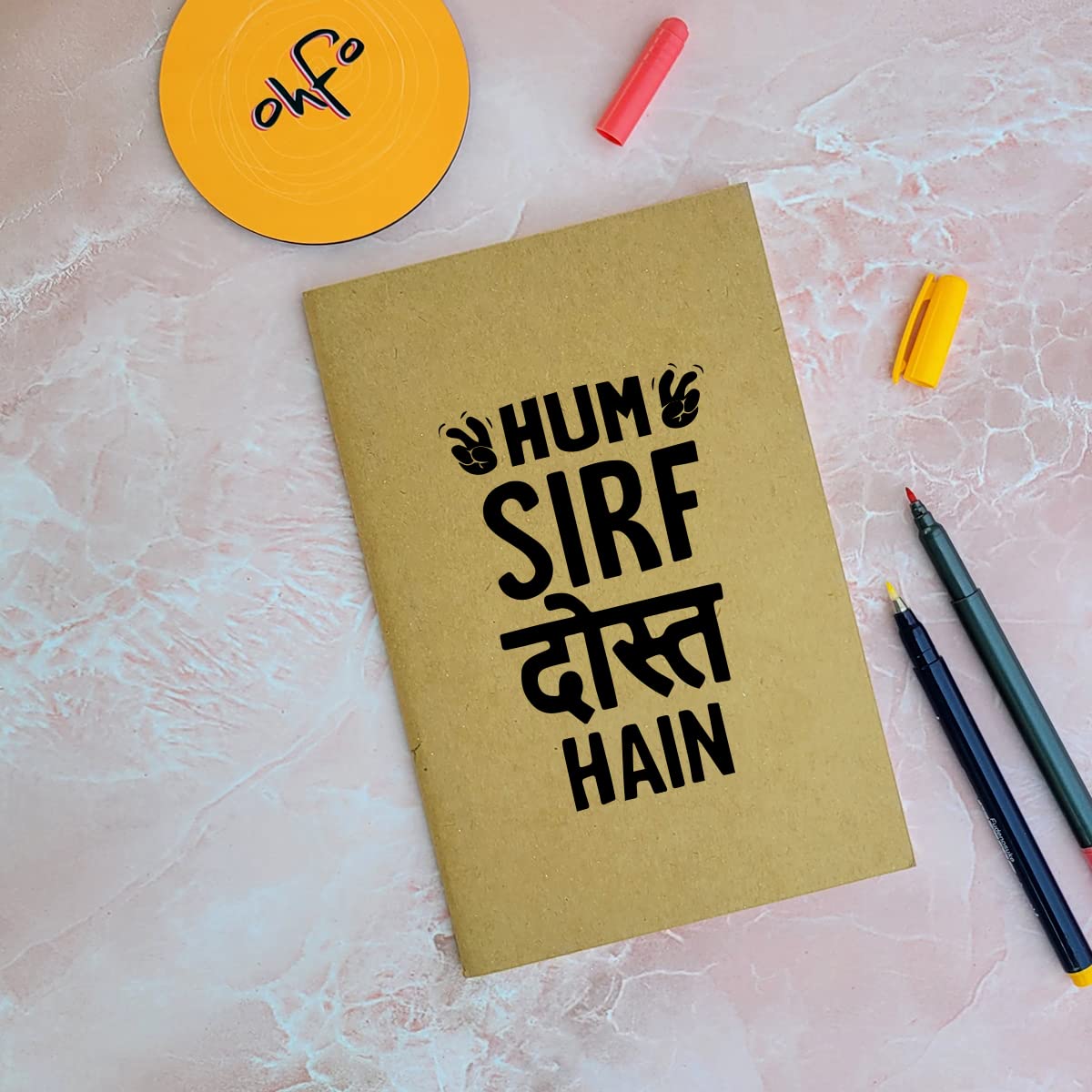Hum Sirf Dost Hain - Brown A5 Doodle Notebook - Kraft Cover Notebook - A5 - 300 GSM Kraft Cover - Handmade - Unruled - 80 Pages - Natural Shade Pages 120 GSM - Funny Quotes & Quirky, Funky designs