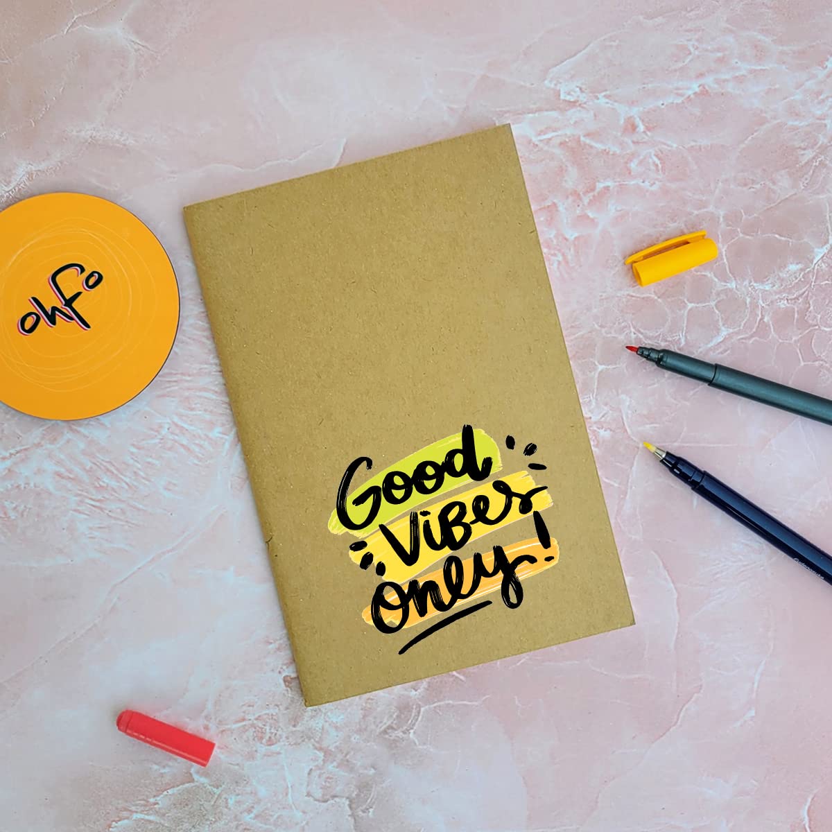 Good Vibes Only - Brown A5 Doodle Notebook - Kraft Cover Notebook - A5 - 300 GSM Kraft Cover - Handmade - Unruled - 80 Pages - Natural Shade Pages 120 GSM - Funny Quotes & Quirky, Funky designs