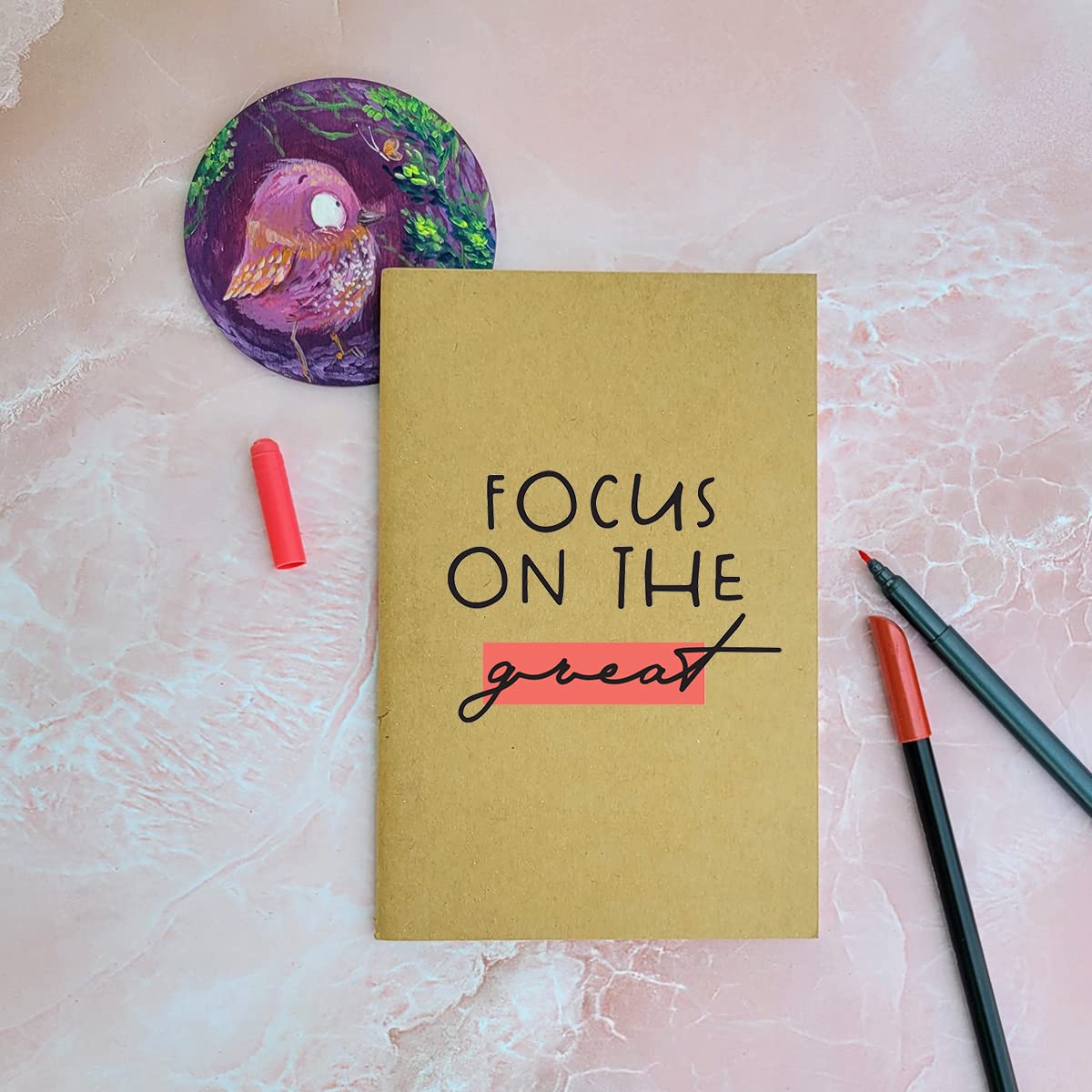 Focus On The Great - Brown A5 Doodle Notebook - Kraft Cover Notebook - A5-300 GSM Kraft Cover - Handmade - Unruled - 80 Pages - Natural Shade Pages 120 GSM - Funny Quotes & Quirky, Funky designs