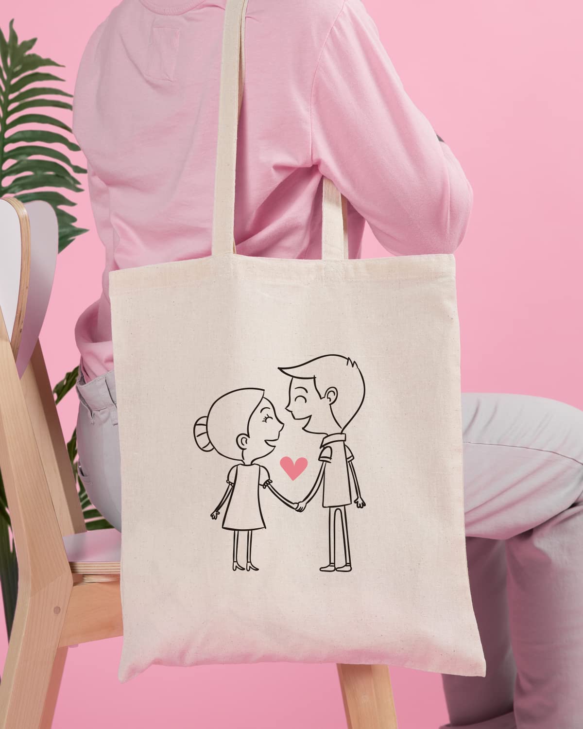 The Pink Magnet Cute Couple Illustration Tote Bag - Canvas Tote Bag for Women | Printed Multipurpose Cotton Bags | Cute Hand Bag for Girls | Best for College, Travel, Grocery | Reusable Shopping Bag | Eco-Friendly Tote Bag