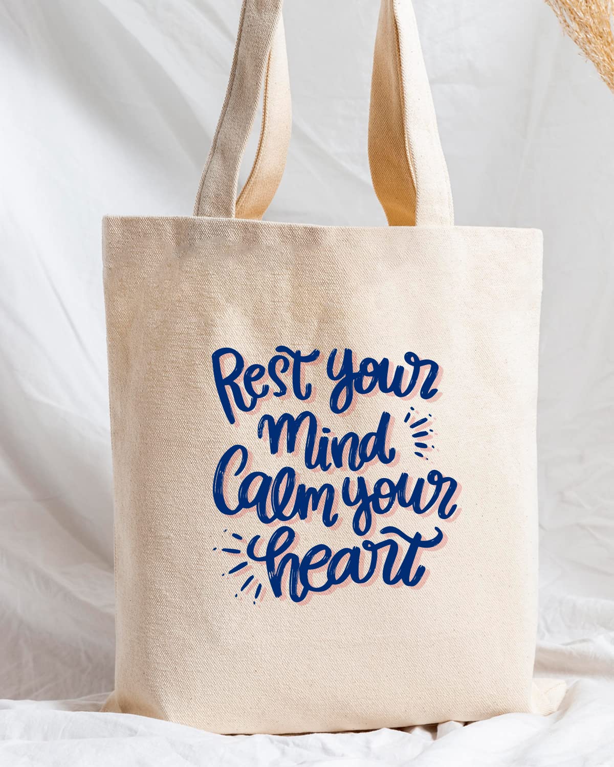 The Pink Magnet Rest Your Mind Calm Your Heart Tote Bag - Canvas Tote Bag for Women | Printed Multipurpose Cotton Bags | Cute Hand Bag for Girls | Best for College, Travel, Grocery | Reusable Shopping Bag