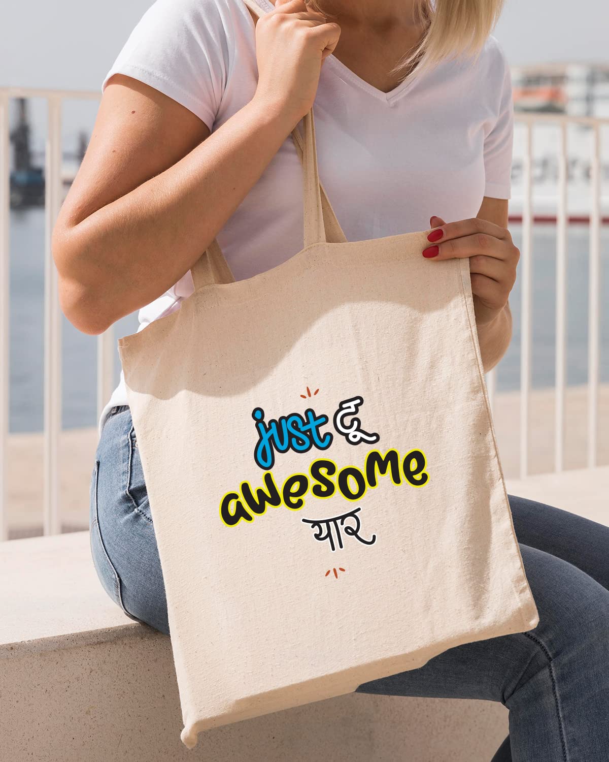 The Pink Magnet Just Too Awesome Yaar Tote Bag - Canvas Tote Bag for Women | Printed Multipurpose Cotton Bags | Cute Hand Bag for Girls | Best for College, Travel, Grocery | Reusable Shopping Bag | Eco-Friendly Tote Bag