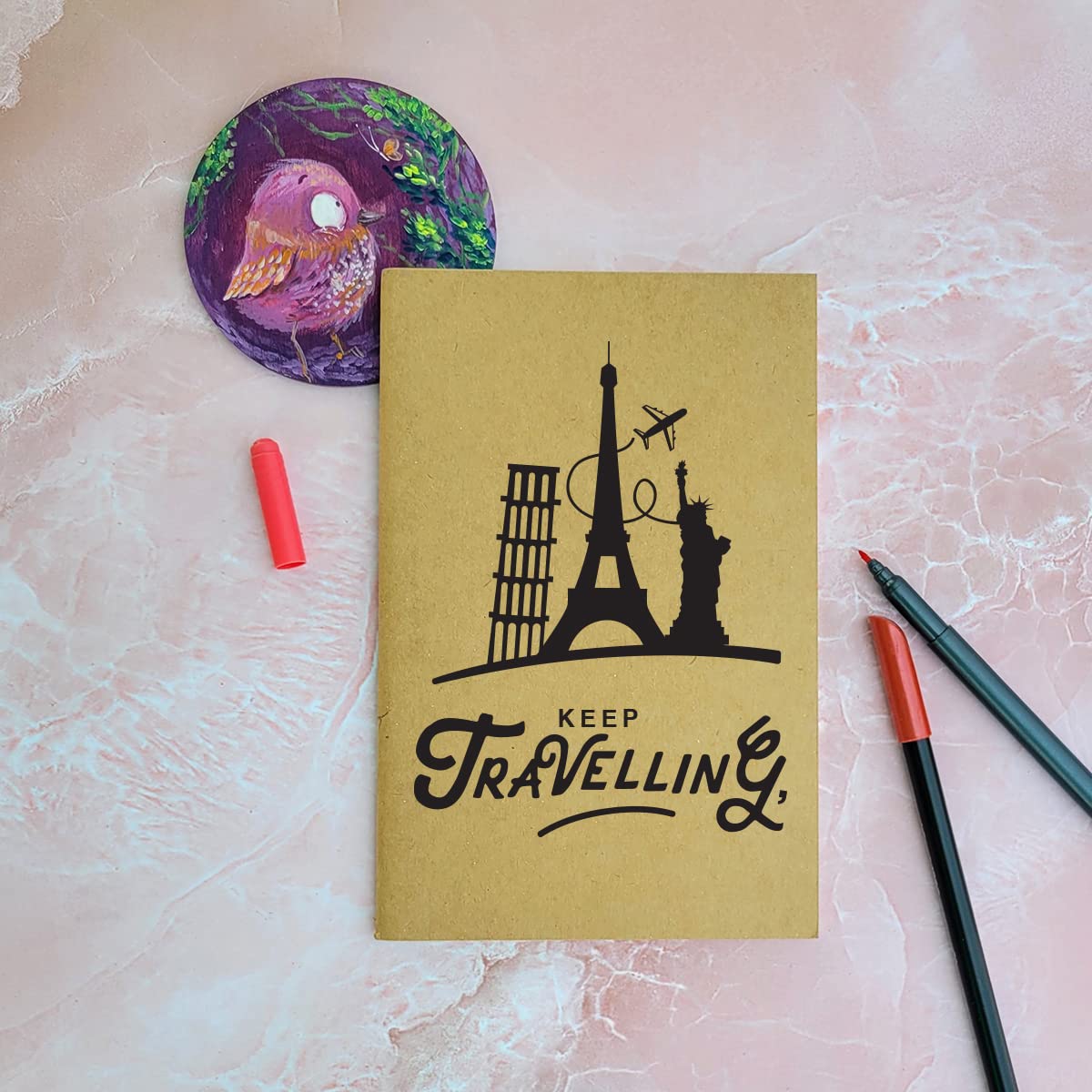 Keep Travelling - Brown A5 Doodle Notebook - Kraft Cover Notebook - A5 - 300 GSM Kraft Cover - Handmade - Unruled - 80 Pages - Natural Shade Pages 120 GSM - Funny Quotes & Quirky, Funky designs