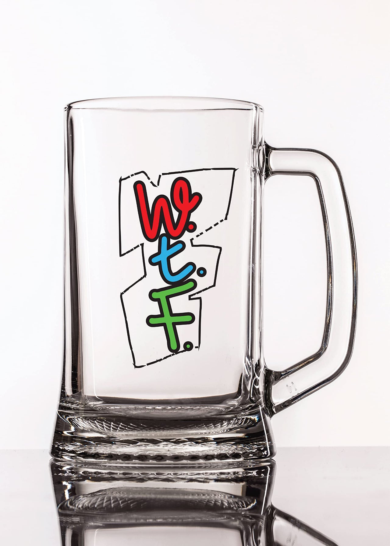 W.T.F. - Beer Mug - 1 Piece, Clear, 500 ml -Transparent Glass Beer Mug - Printed Beer Mug with Handle Gift for Men, Dad, Brother, Wife, Girlfriend, Husband