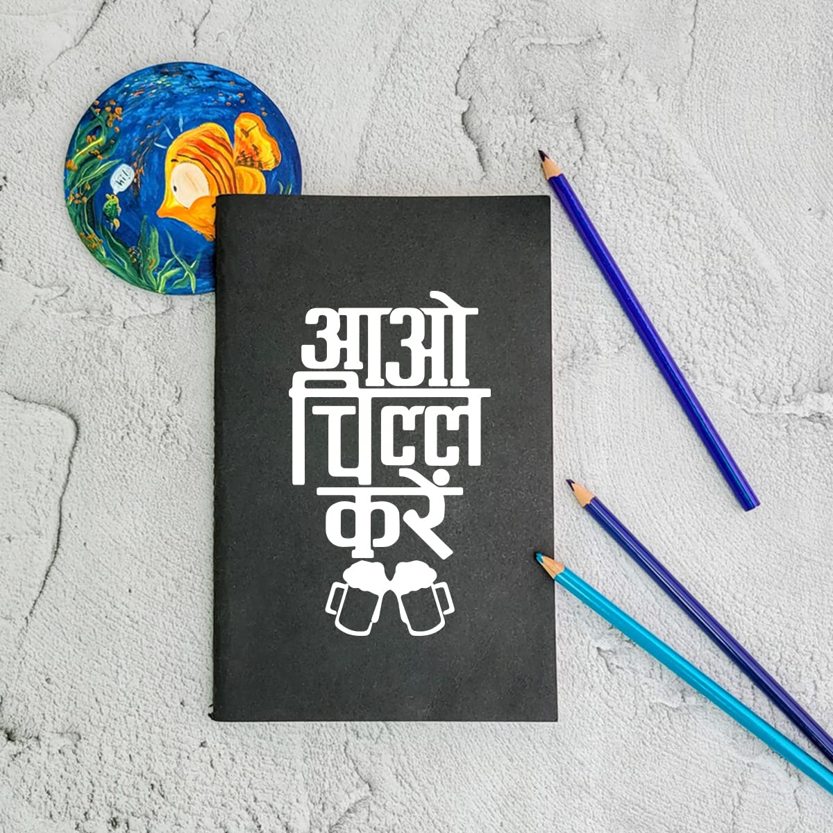 Aao Chill Karein - Black A5 Doodle Notebook - Kraft Cover Notebook - A5 - 300 GSM Kraft Cover - Handmade - Unruled - 80 Pages - Natural Shade Pages 120 GSM - Funny Quotes & Quirky, Funky designs