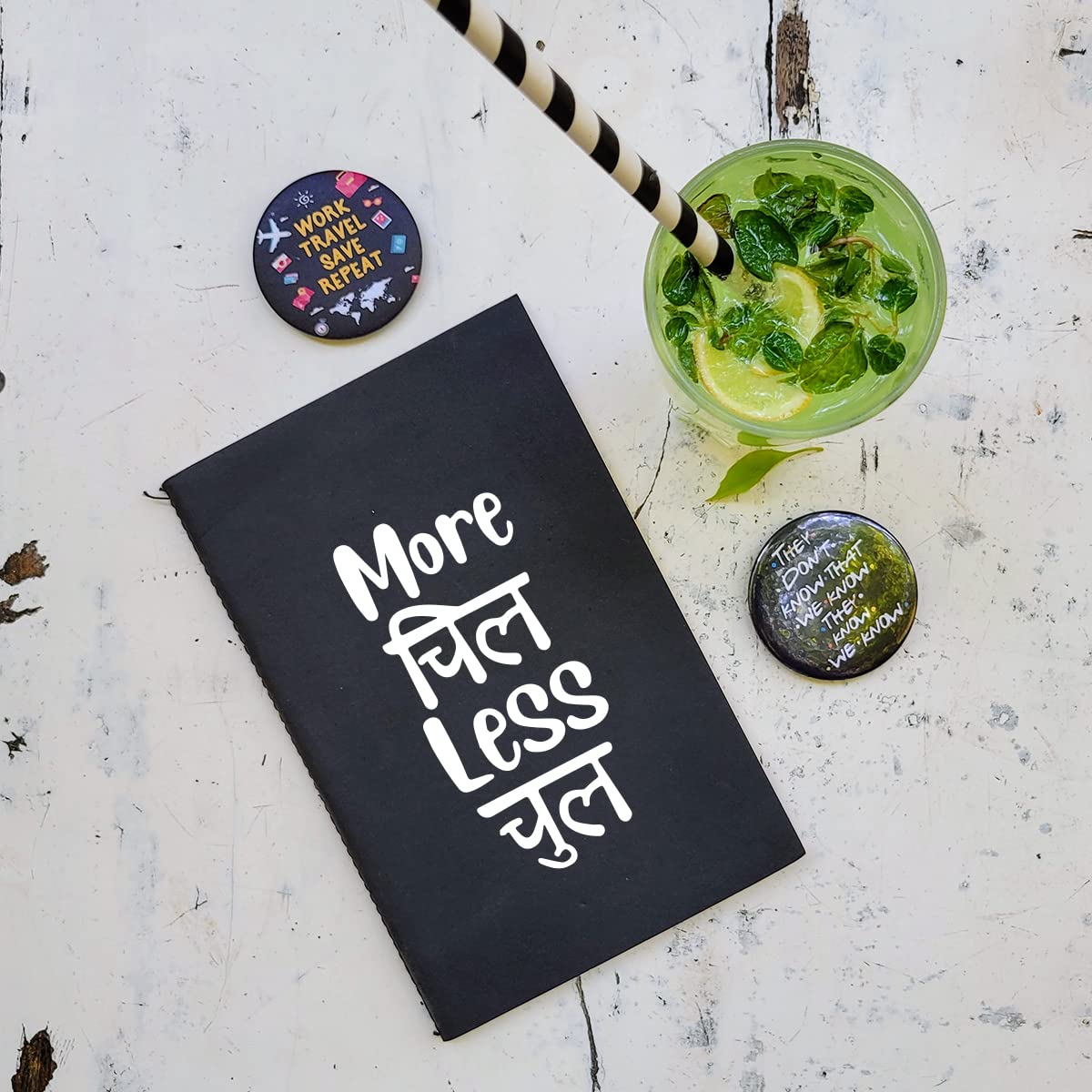 More Chill Less Chul - Black A5 Doodle Notebook - Kraft Cover Notebook - A5 - 300 GSM Kraft Cover - Handmade - Unruled - 80 Pages - Natural Shade Pages 120 GSM - Funny Quotes & Quirky, Funky designs