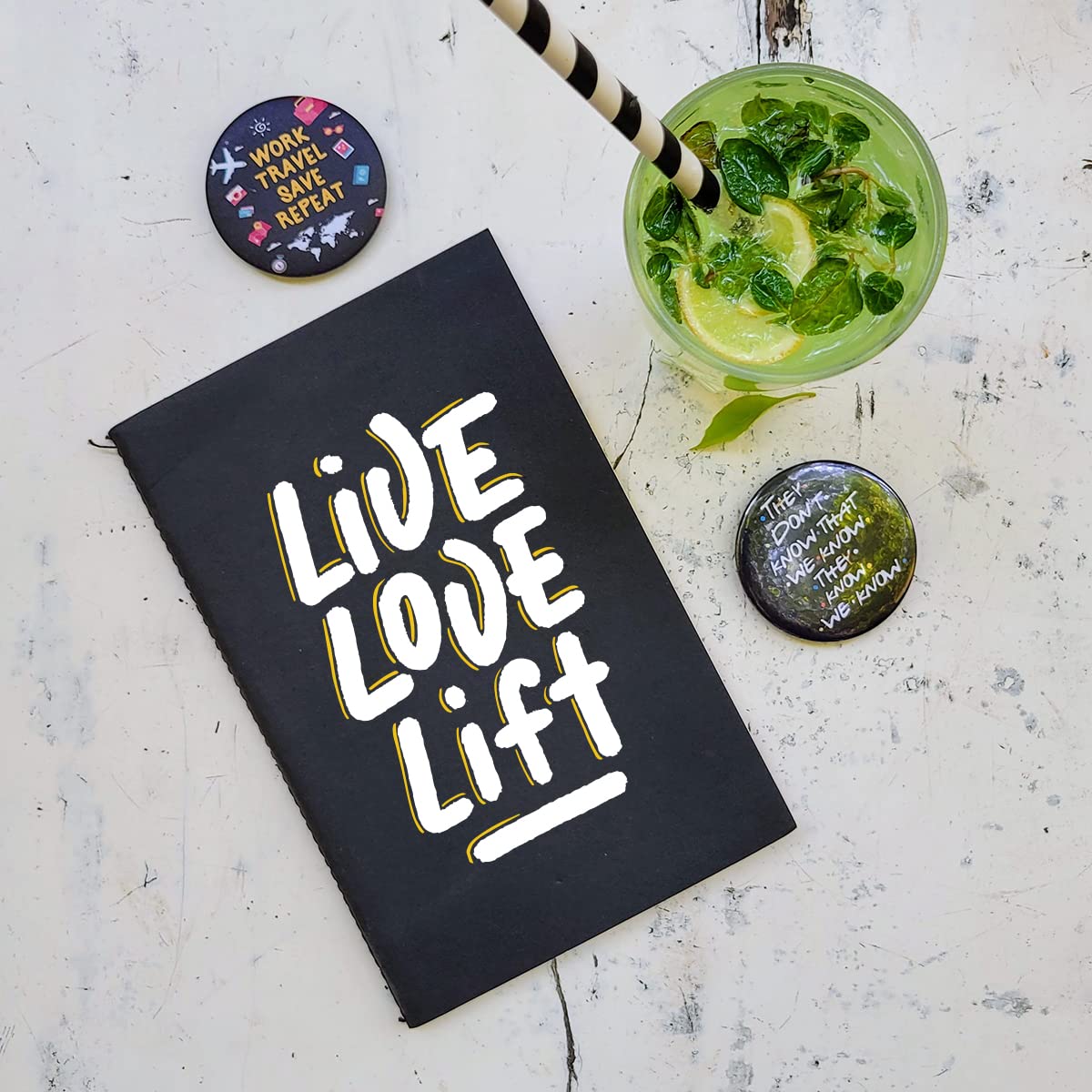Live Love Lift - Black A5 Doodle Notebook - Kraft Cover Notebook - A5 - 300 GSM Kraft Cover - Handmade - Unruled - 80 Pages - Natural Shade Pages 120 GSM - Funny Quotes & Quirky, Funky designs