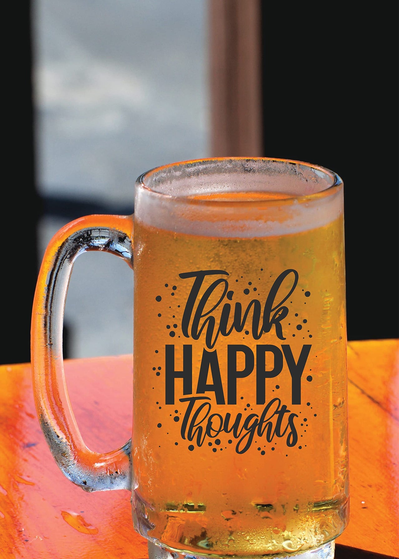 Think Happy Thoughts - Beer Mug - 1 Piece, Clear, 500 ml - Transparent Glass Beer Mug - Printed Beer Mug with Handle Gift for Men, Dad