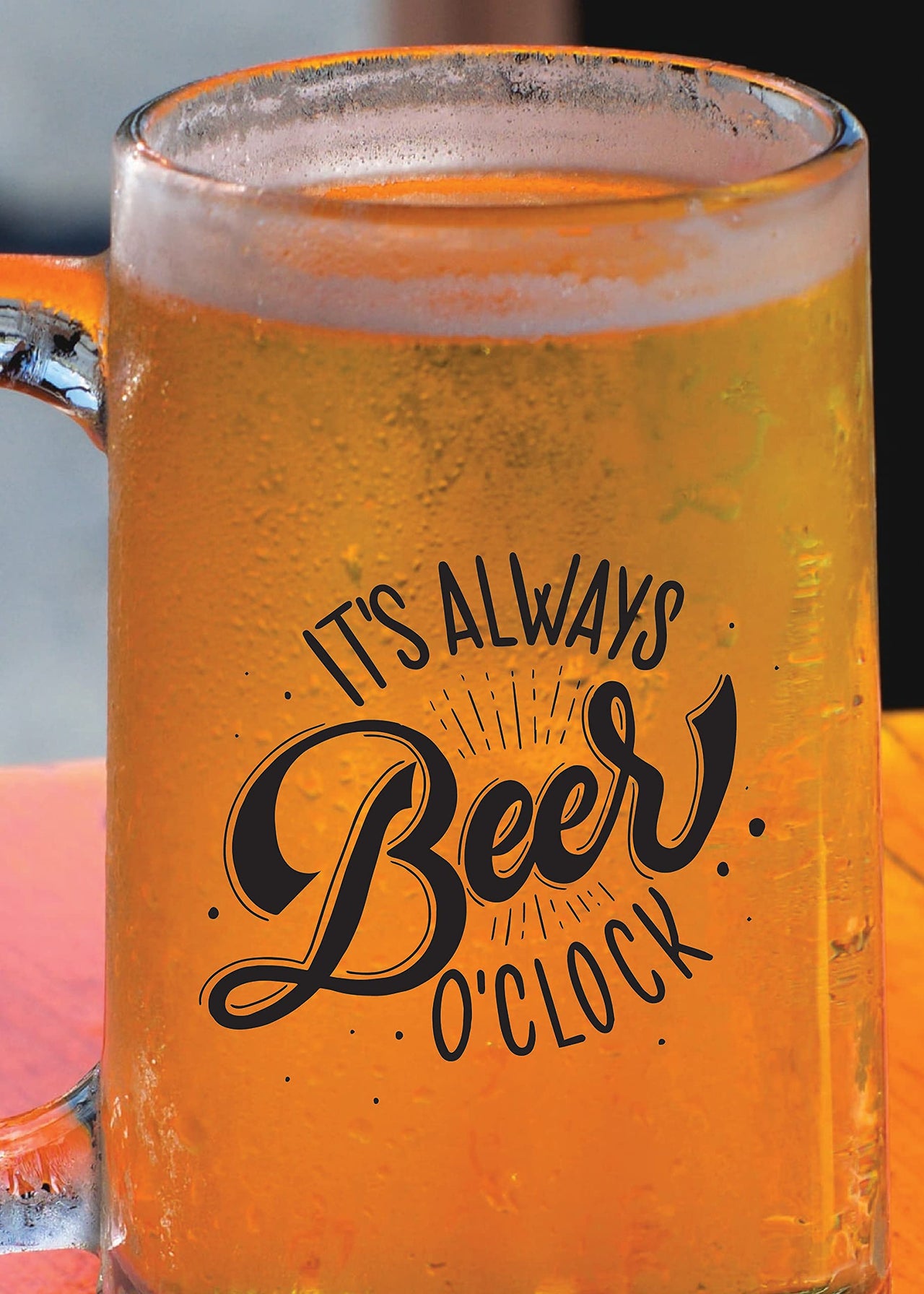 the pink magnet Beer o' Clock Beer Mug 1 Piece, Clear, 500 ml -Transparent Glass Beer Mug - Printed Beer Mug with Handle