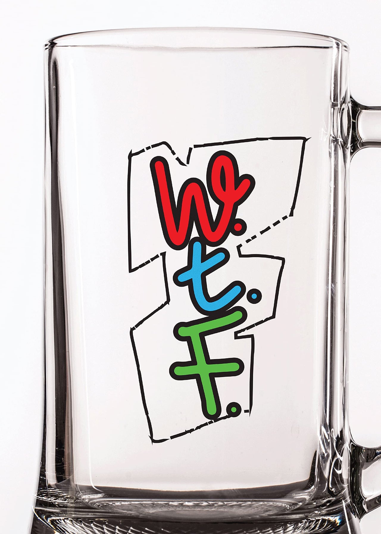 W.T.F. - Beer Mug - 1 Piece, Clear, 500 ml -Transparent Glass Beer Mug - Printed Beer Mug with Handle Gift for Men, Dad, Brother, Wife, Girlfriend, Husband