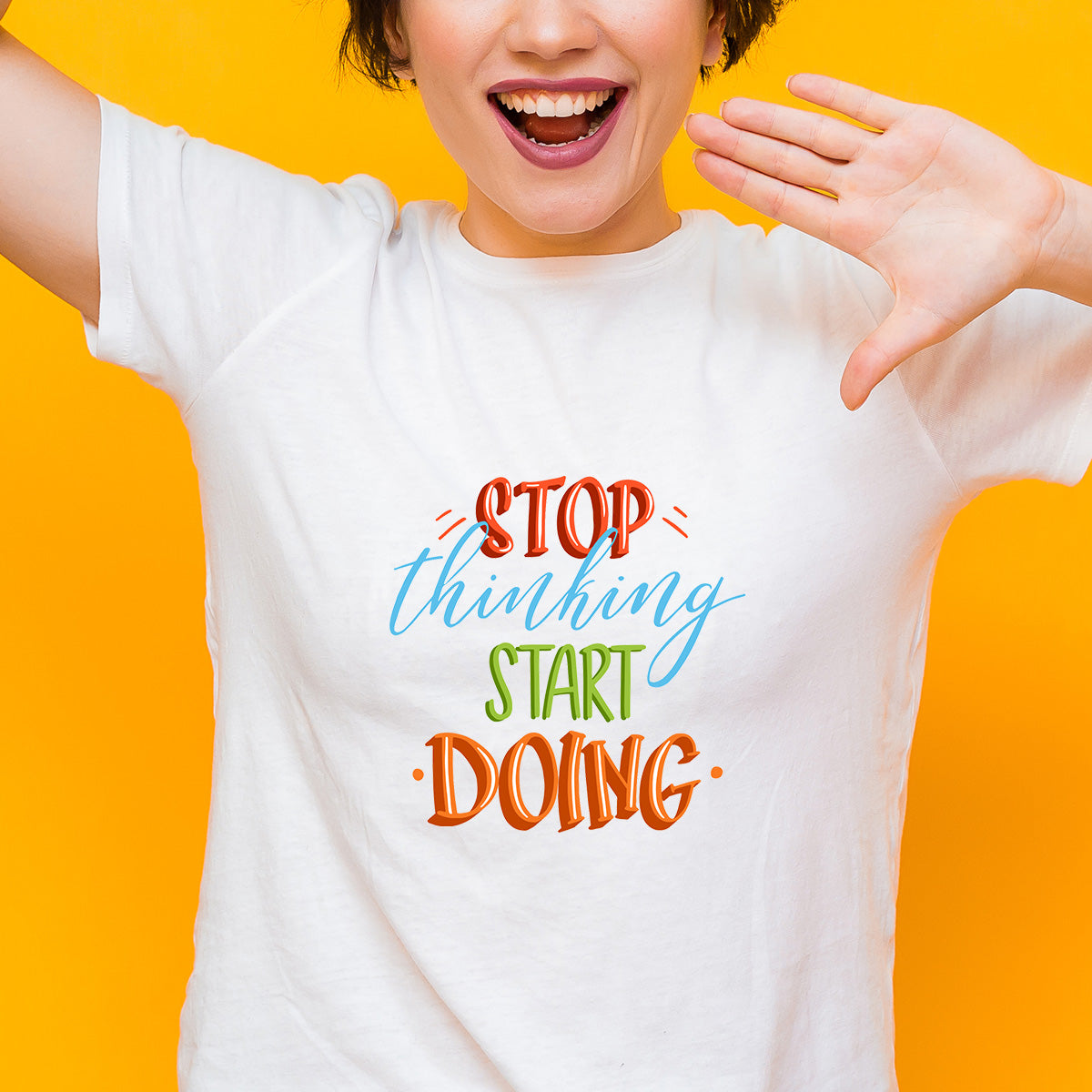 Stop Thinking Start Doing - Printed Cotton T- Shirt - White