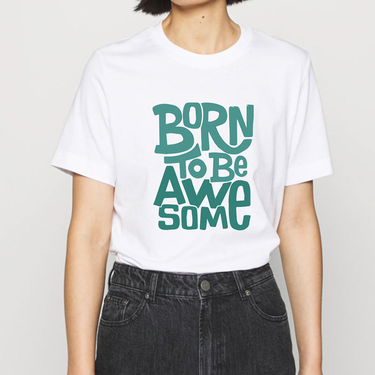 Born To Be Awesome - Printed Cotton T- Shirt - White